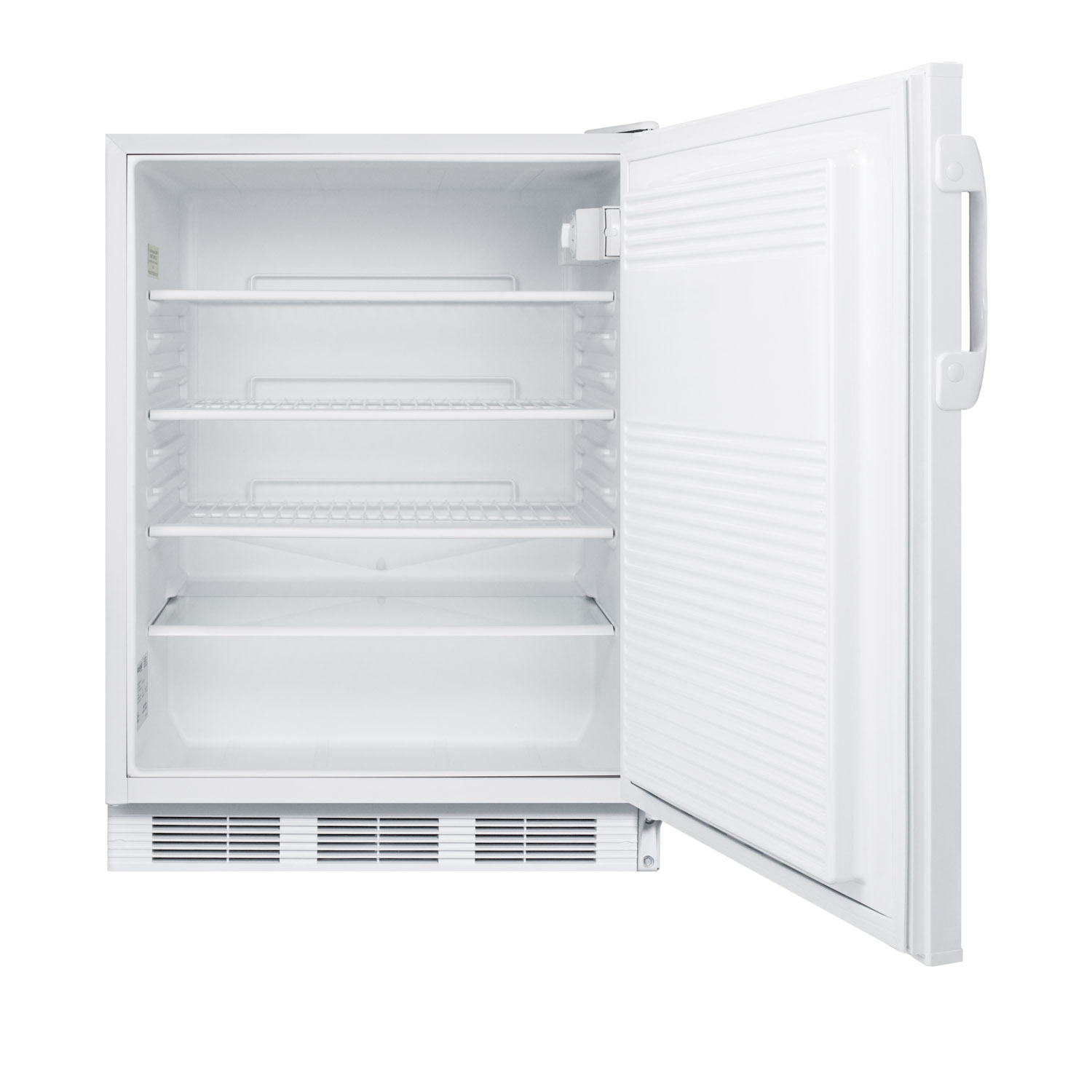 ADA compliant all-refrigerator for freestanding general purpose use, with lock, flat door liner, auto defrost operation and white exterior